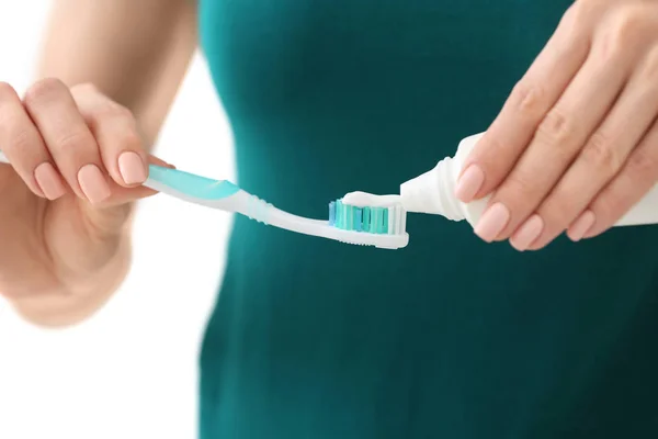 Young Woman Squeezing Toothpaste Brush Closeup — Stock Photo, Image