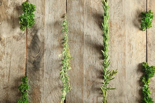 Different Fresh Herbs Wooden Background — Stock Photo, Image