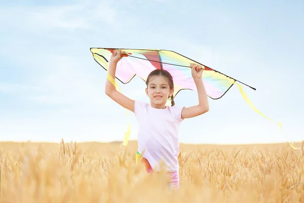 Gadis Kecil Lucu Dengan Layang Layang Lapangan — Stok Foto