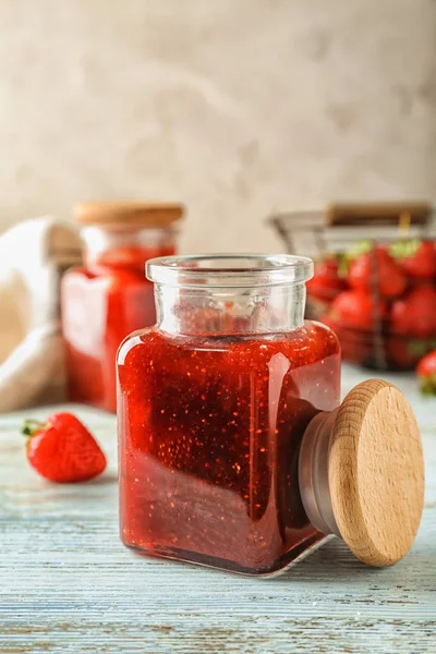 Glass Jar Strawberry Jam Wooden Table — Stock Photo, Image