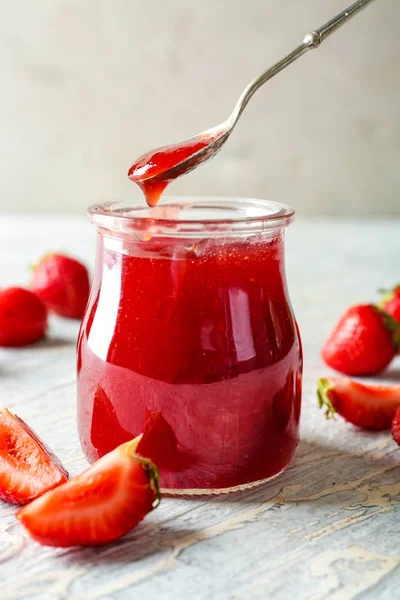 Glass Jar Spoon Strawberry Jam Wooden Table — Stock Photo, Image
