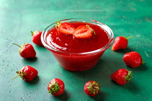 Bowl Strawberry Jam Green Table — Stock Photo, Image