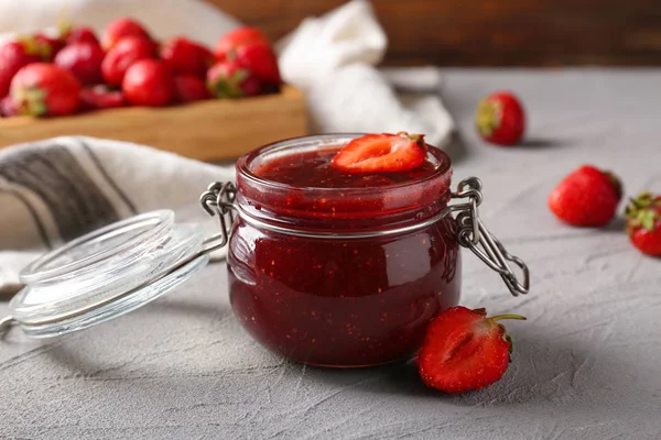 Glass Jar Strawberry Jam Light Table — Stock Photo, Image