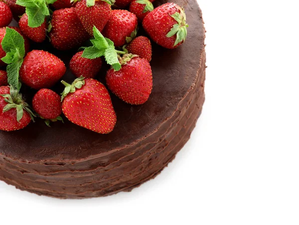 Tasty Chocolate Cake Strawberries White Background — Stock Photo, Image