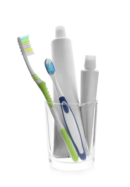 Cup Toothbrushes Paste White Background — Stock Photo, Image