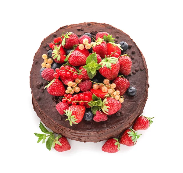 Tasty Chocolate Cake Decorated Fresh Berries White Background — Stock Photo, Image