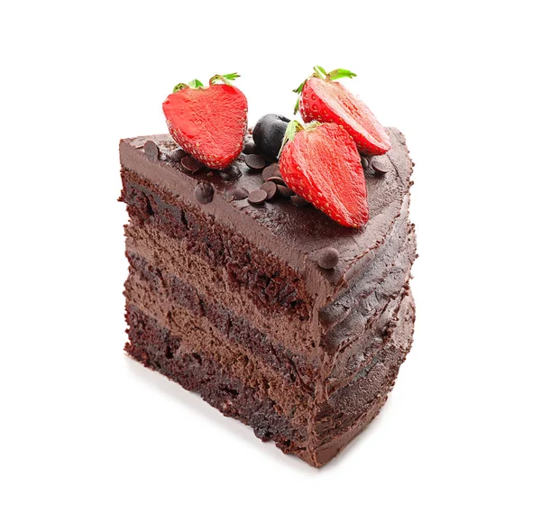 Piece Tasty Chocolate Cake Berries White Background — Stock Photo, Image