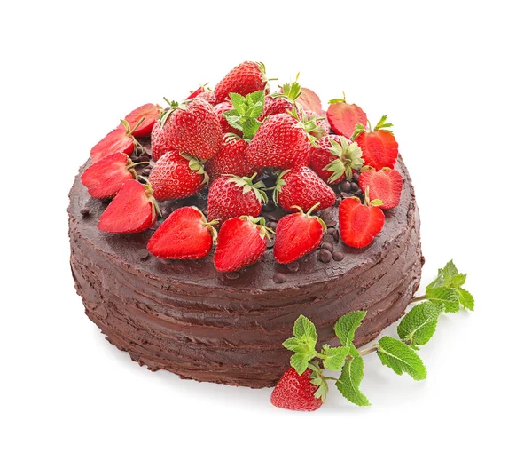 Tasty Chocolate Cake Decorated Fresh Strawberry White Background — Stock Photo, Image