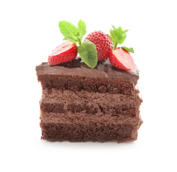 Piece Tasty Chocolate Cake Strawberry White Background — Stock Photo, Image