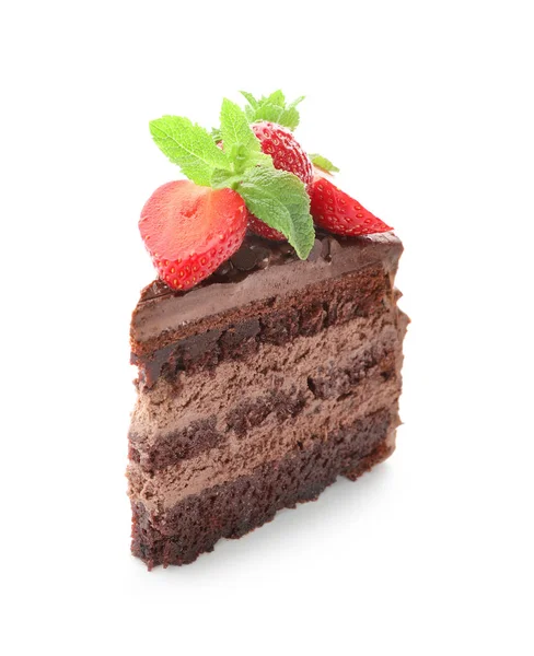 Piece Tasty Chocolate Cake Strawberry White Background — Stock Photo, Image