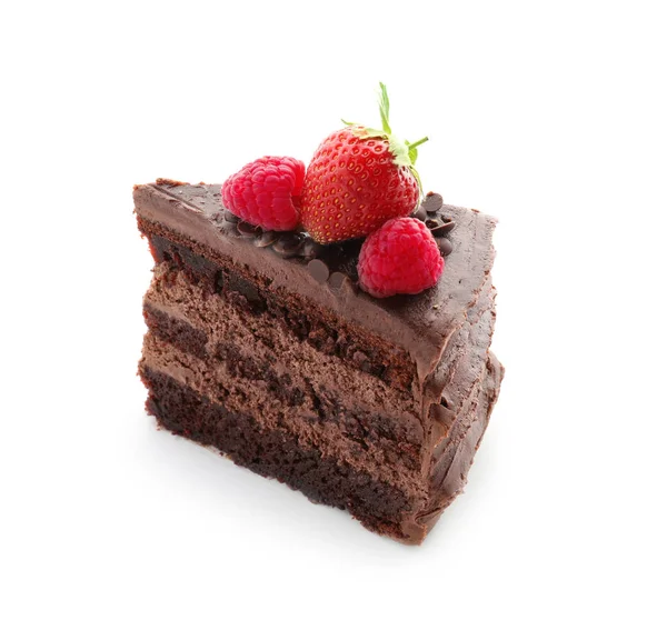 Piece Tasty Chocolate Cake Berries White Background — Stock Photo, Image