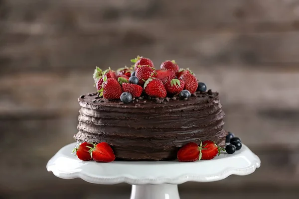 Tasty Chocolate Cake Decorated Strawberry Blueberry Dessert Stand — Stock Photo, Image