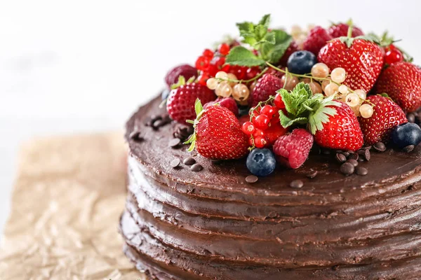 Tasty Chocolate Cake Decorated Berries Table Closeup — Stock Photo, Image