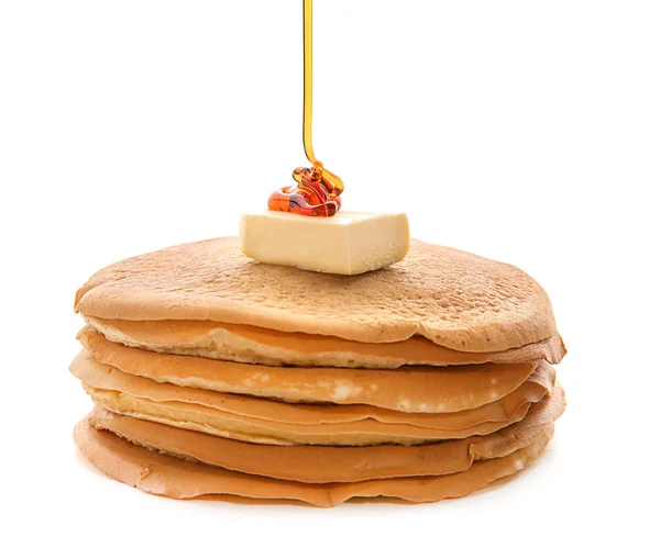 Pouring Honey Delicious Pancakes White Background — Stock Photo, Image