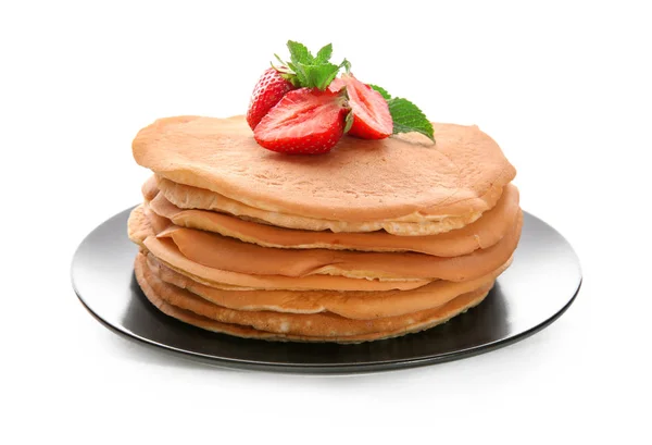 Teller Mit Leckeren Pfannkuchen Und Erdbeeren Auf Weißem Hintergrund — Stockfoto