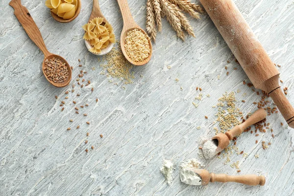 Composition Wheat Flour Grains Pasta Wooden Background — Stock Photo, Image