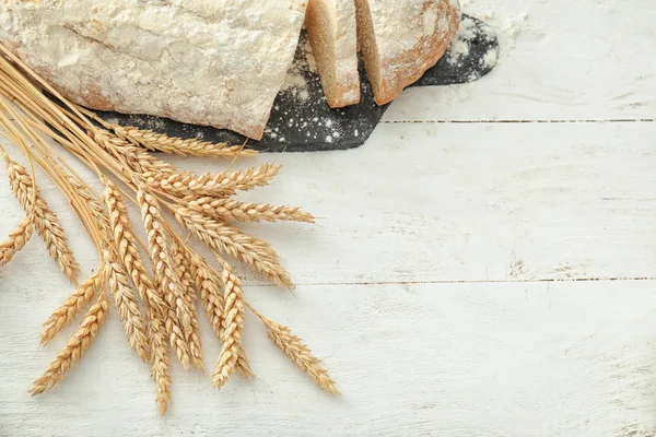 Wheat Spikelets Fresh Bread Wooden Table — Stock Photo, Image