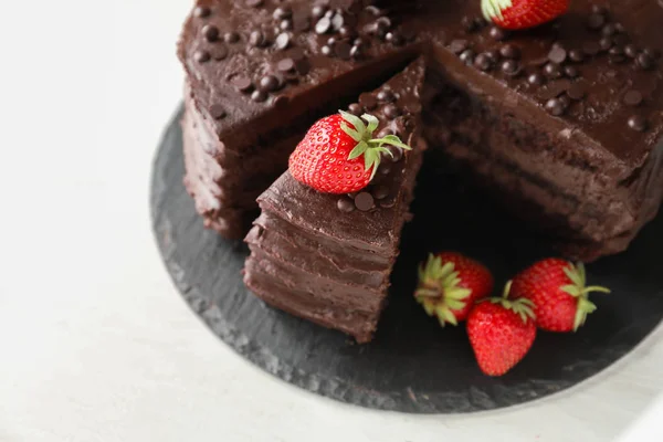 Delicious Chocolate Cake Strawberry Slate Plate — Stock Photo, Image