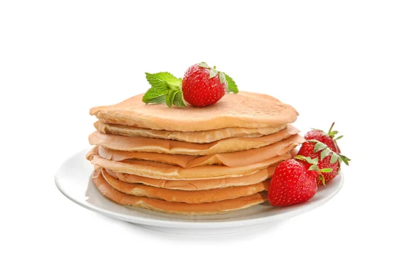 Plate Delicious Pancakes Strawberries White Background — Stock Photo, Image