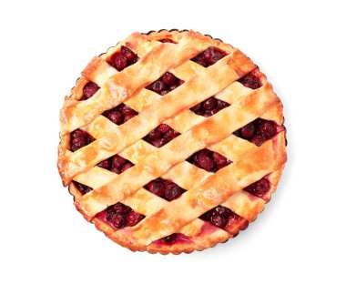 Beyaz arka planda, üstten görünüm lezzetli vişneli tart