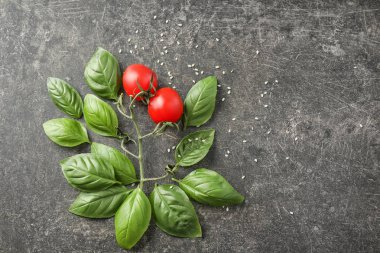Taze kiraz domates fesleğen gri arka plan üzerinde ile