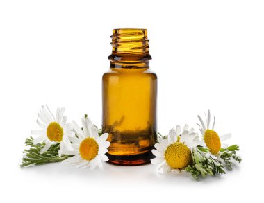 Beyaz arka plan üzerinde papatya çiçeği ile uçucu yağ şişe