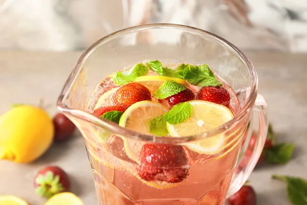 Natural Lemonade Strawberries Glass Jug Closeup — Stock Photo, Image