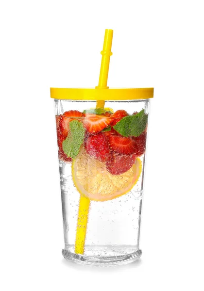 Tasty Lemonade Strawberry Glass White Background — Stock Photo, Image