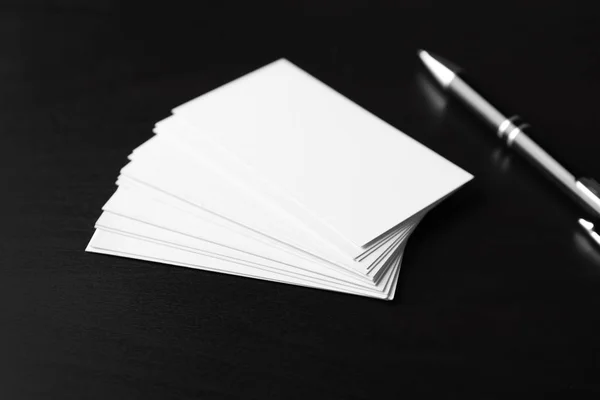 Blank Business Cards Pen Dark Background — Stock Photo, Image