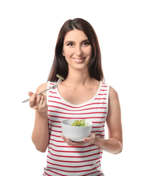 Mulher Com Salada Legumes Saudável Fundo Branco — Fotografia de Stock