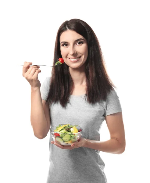 Woman Healthy Vegetable Salad White Background — Stock Photo, Image