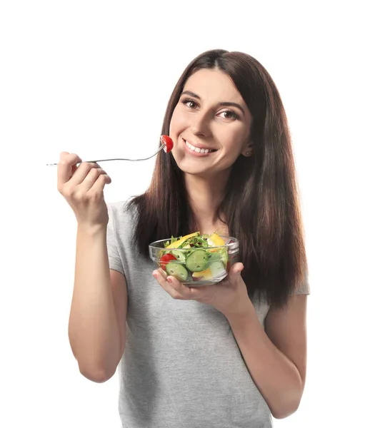 Mujer Con Ensalada Verduras Saludables Sobre Fondo Blanco — Foto de Stock