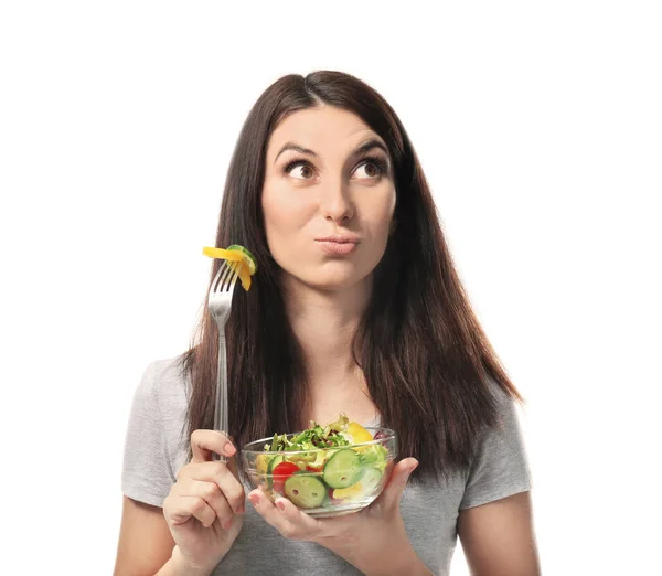 Mujer Con Ensalada Verduras Saludables Sobre Fondo Blanco —  Fotos de Stock