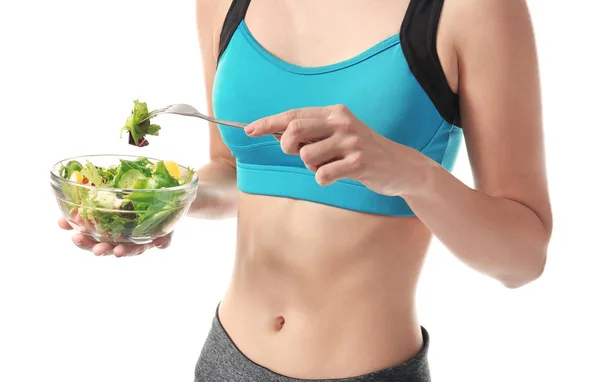 Kvinna Med Friska Grönsaker Sallad Vit Bakgrund — Stockfoto