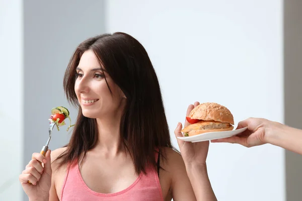 Woman Refusing Eat Unhealthy Food Indoors Diet Concept — Stock Photo, Image