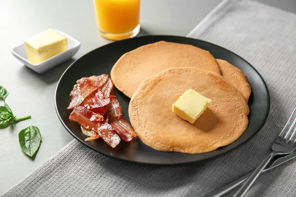 Plate Tasty Pancakes Bacon Light Table — Stock Photo, Image