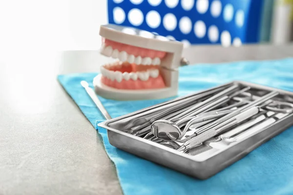 Tray Dentist Tools Grey Table — Stock Photo, Image