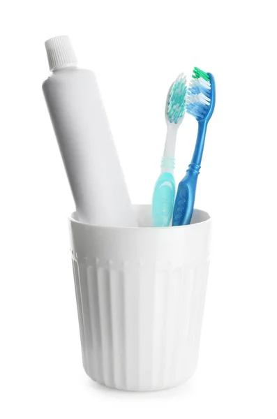 Cup Toothbrushes Paste White Background — Stock Photo, Image