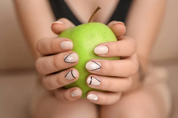 Young Woman Stylish Manicure Holding Apple Closeup — Stock Photo, Image