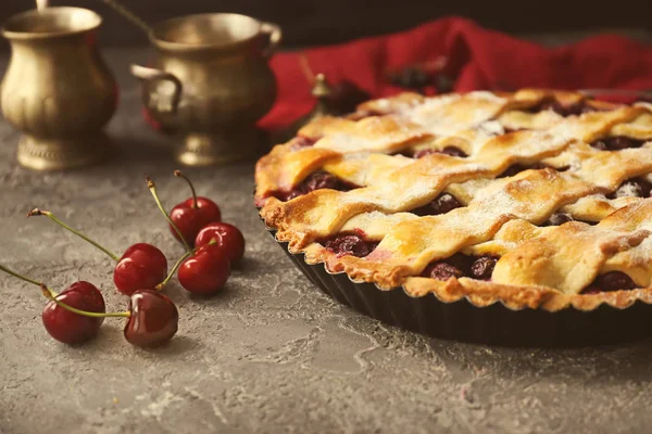 Delicious Cherry Pie Fresh Berries Table — Stock Photo, Image