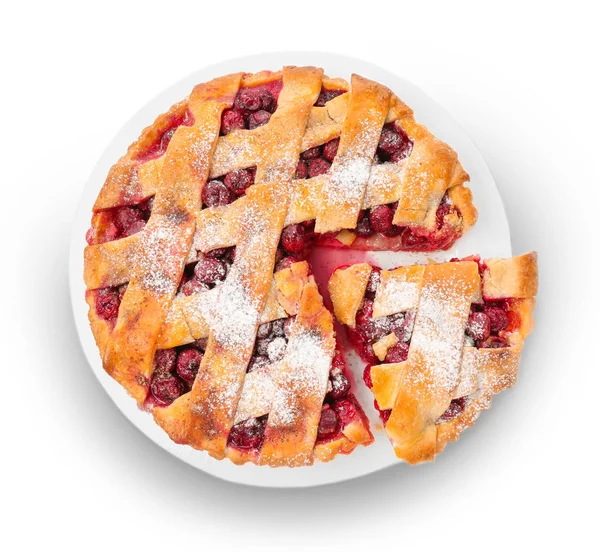 Plaat Met Heerlijke Zelfgemaakte Cherry Pie Witte Achtergrond — Stockfoto