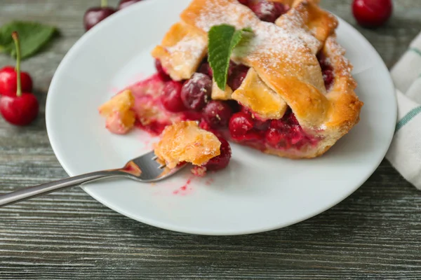 Plate Piece Delicious Cherry Pie Wooden Table Closeup — Stock Photo, Image