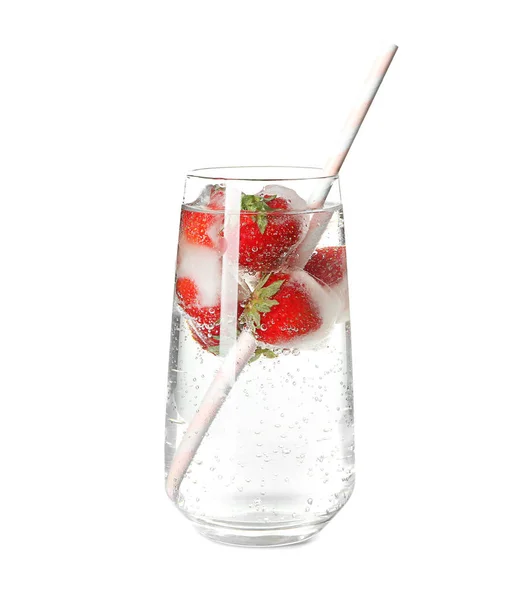 Glas Lekkere Aardbeien Limonade Witte Achtergrond — Stockfoto