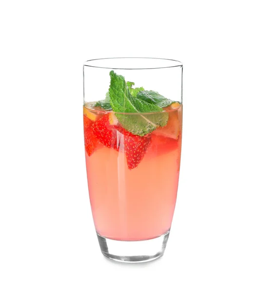 Glas Lekkere Aardbeien Limonade Witte Achtergrond — Stockfoto