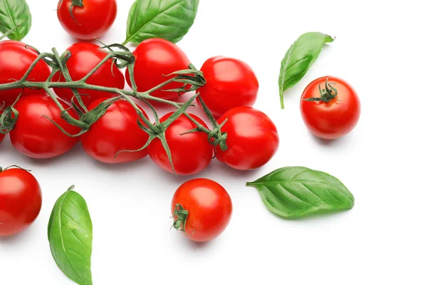 Tomates Cereja Frescos Com Manjericão Sobre Fundo Branco — Fotografia de Stock