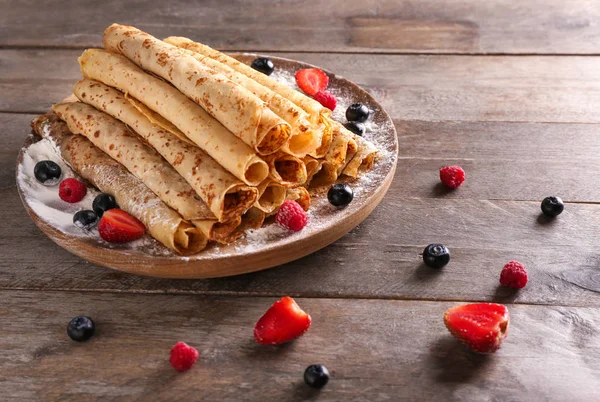 Rolled Thin Pancakes Berries Wooden Board — Stock Photo, Image