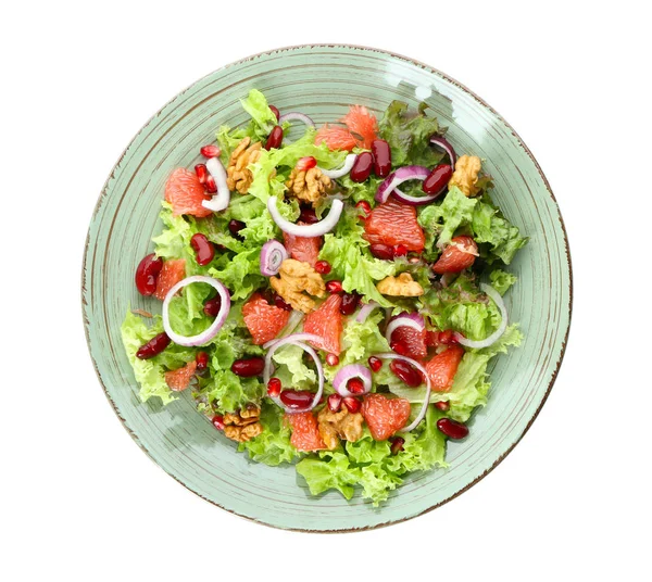 Teller Mit Leckerem Frischen Salat Auf Weißem Hintergrund — Stockfoto