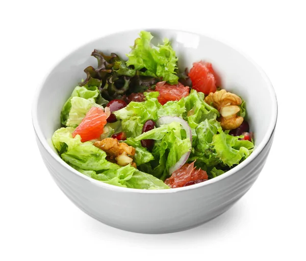 Tigela Com Deliciosa Salada Fresca Fundo Branco — Fotografia de Stock