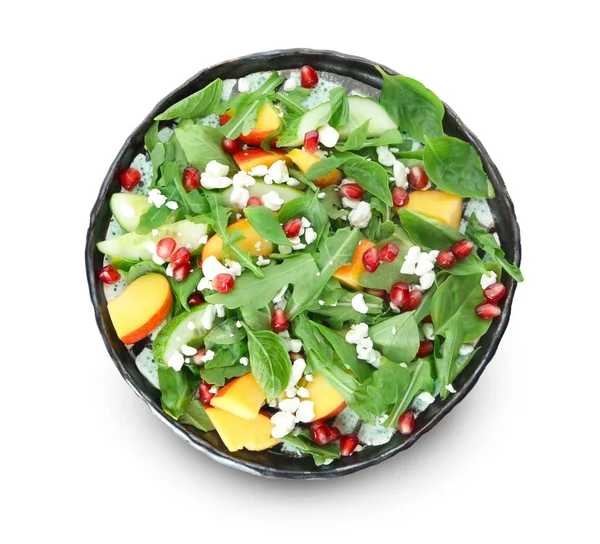 Tallrik Med Läckra Frisk Fräsch Sallad Vit Bakgrund — Stockfoto