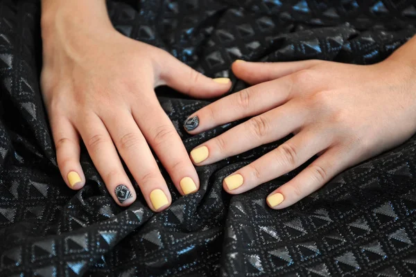 Female Hands Stylish Manicure Fabric Closeup — Stock Photo, Image